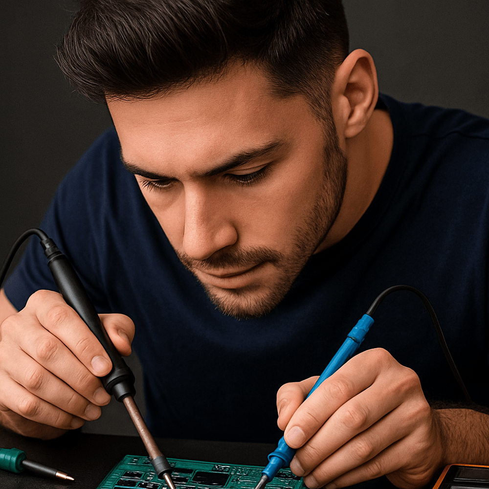 تعمیرکار جوان در حال تعمیر برد در رویالکو